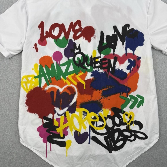 Spoon Jeans Shirt Womens Medium‎ White Spray Paint Art Snap Button Short Sleeve - Picture 4 of 8